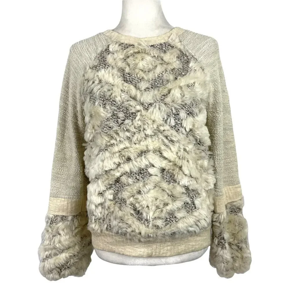 Anthropologie Amadi Calista Knit Faux Fur Cream Textured Sweater Cotton Small